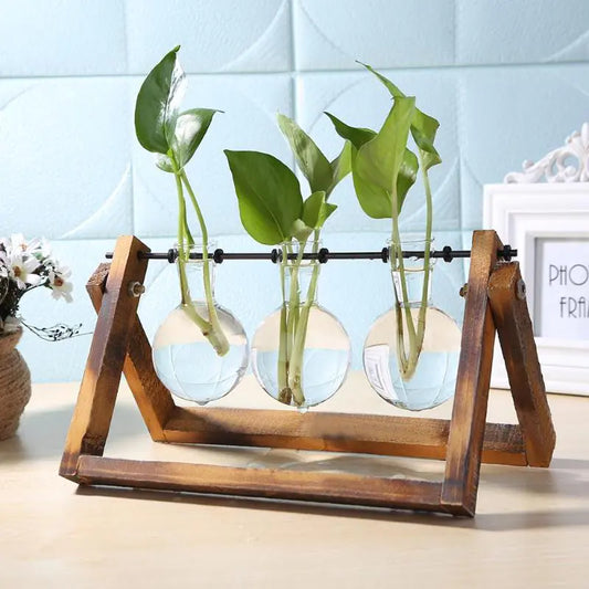 Glass & Wood Desktop Planter – Mini Plant Vase for Office