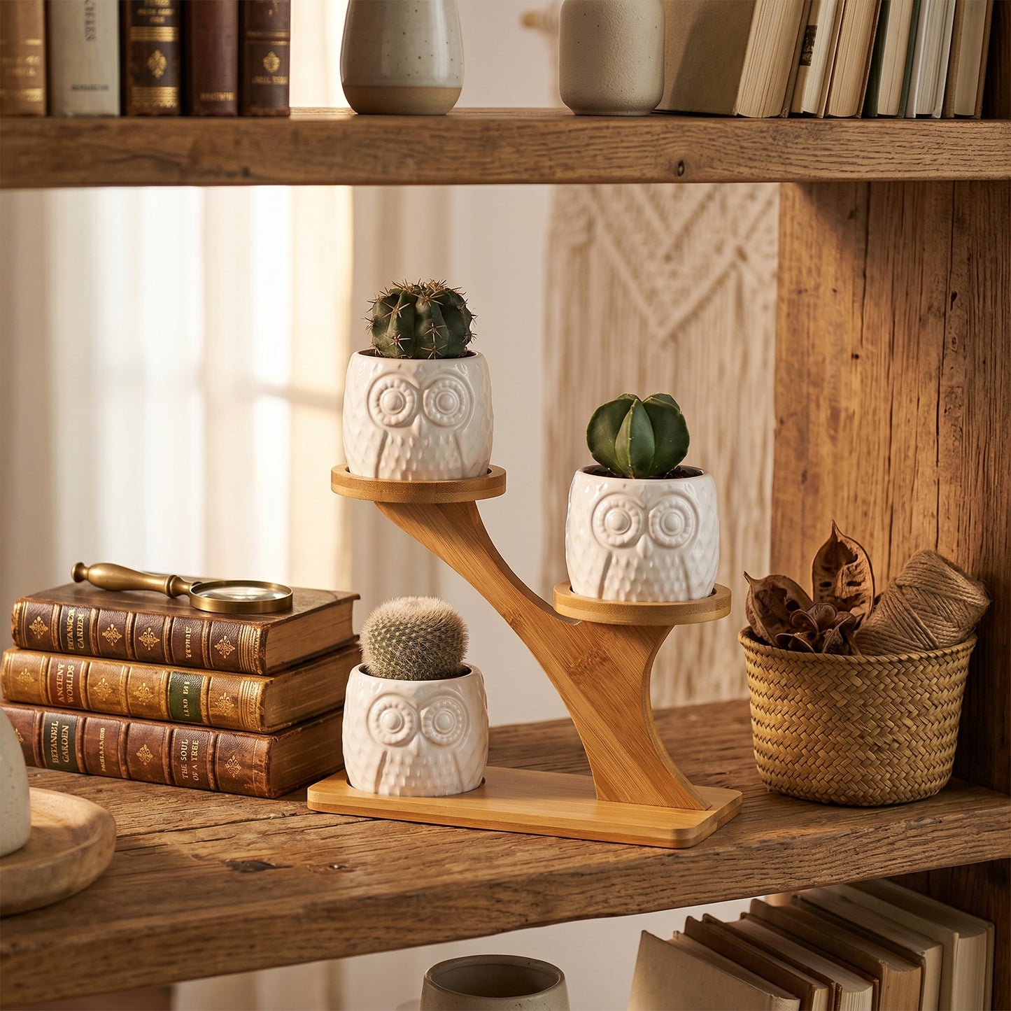 Bamboo Shelf with 3 Mini Succulent Pots – Desk & Home Decor