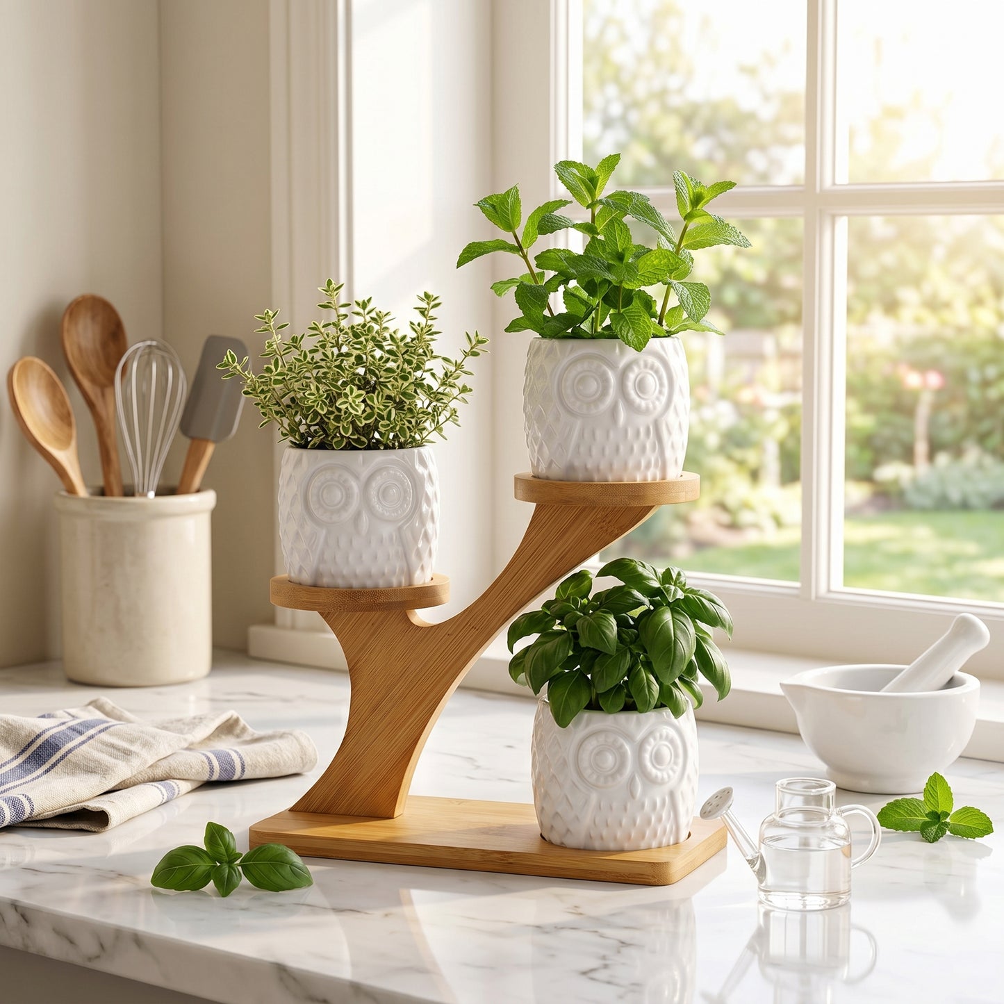 Bamboo Shelf with 3 Mini Succulent Pots – Desk & Home Decor