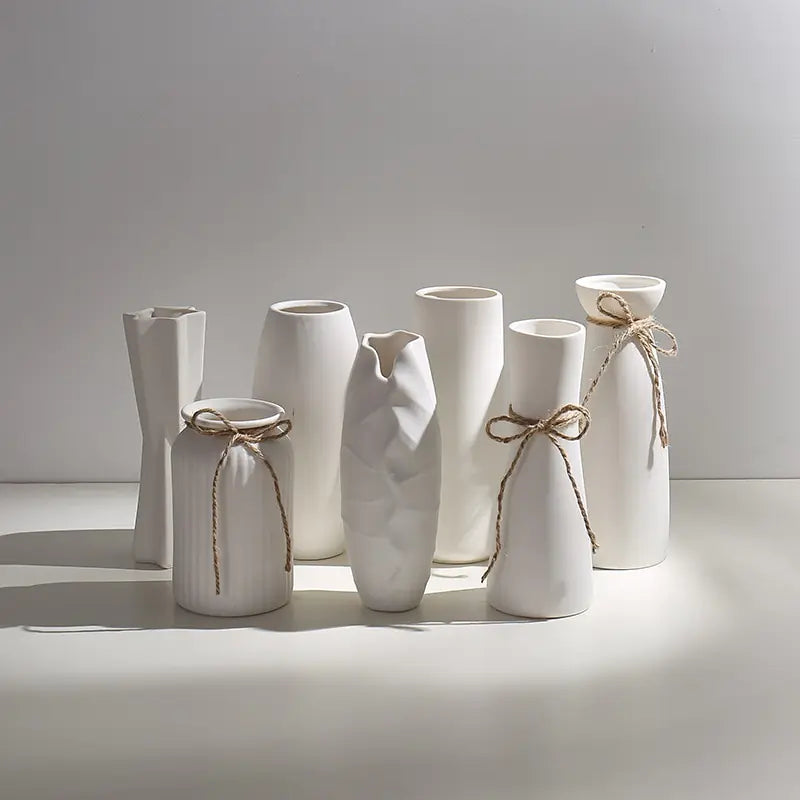 White Ceramic Vase with Hemp Rope – Nordic Minimalist Decor