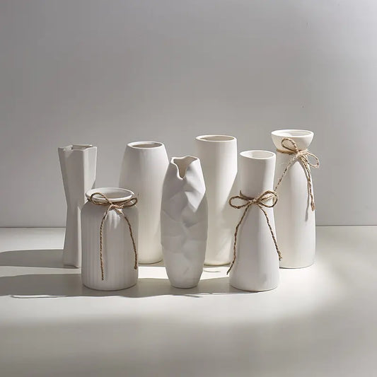 White Ceramic Vase with Hemp Rope – Nordic Minimalist Decor