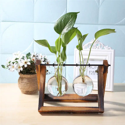 Glass & Wood Desktop Planter – Mini Plant Vase for Office